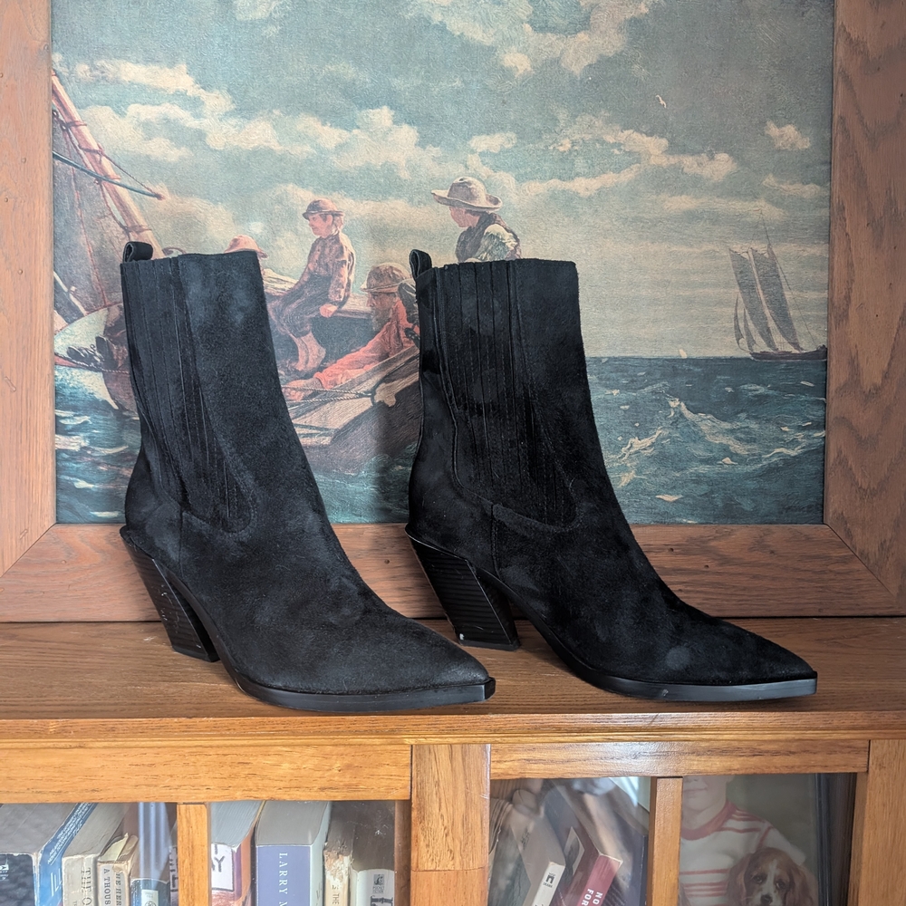 Mandey, Western, Black Suede, Pointed Toe, Ankle Boots